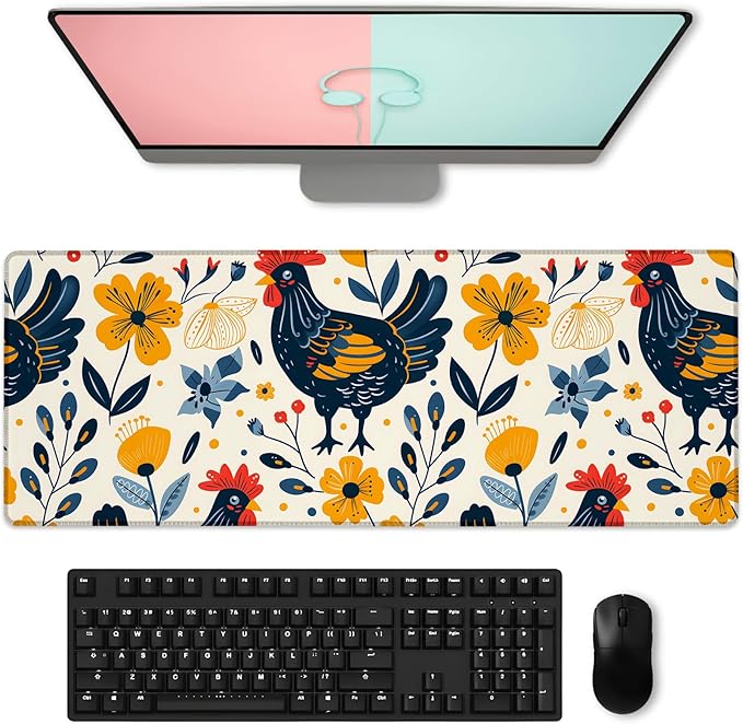 Cartoon Rooster & Flower Gaming Mouse Pad, Large Colorful Chicken Desk Mat for Laptop Keyboard Computer, Non-Slip Rubber Base Desktop Extended Mousepad for Office Home Accessories 31.5"×11.8"