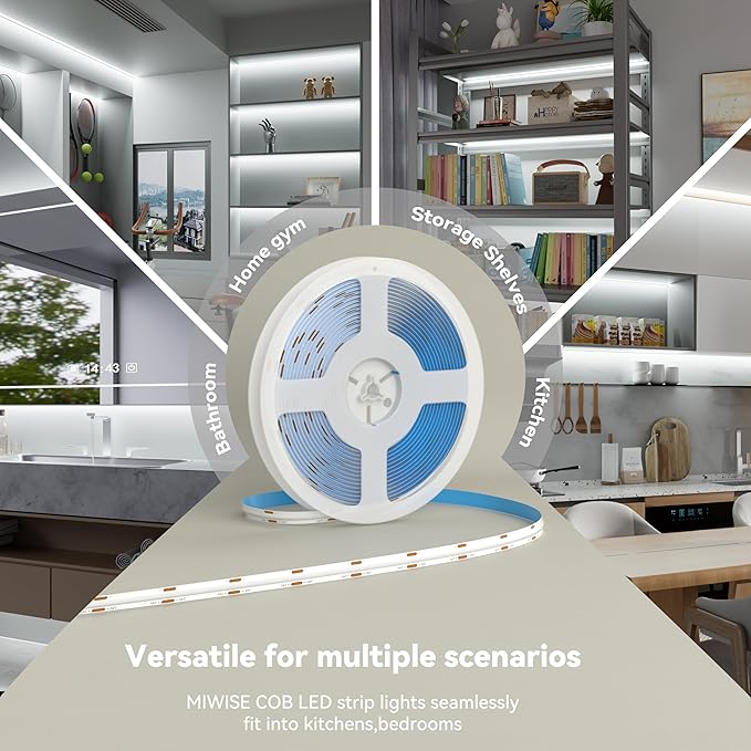 MIWISE COB LED Strip,6000K Daylight White 20ft/6.1m,Dimmable Super Bright 24V LED Strip Light,CRI 90+ Flexible Tape Light with RF Remote Timer Function,for Home/Cabinet/Bedroom DIY Lighting Project