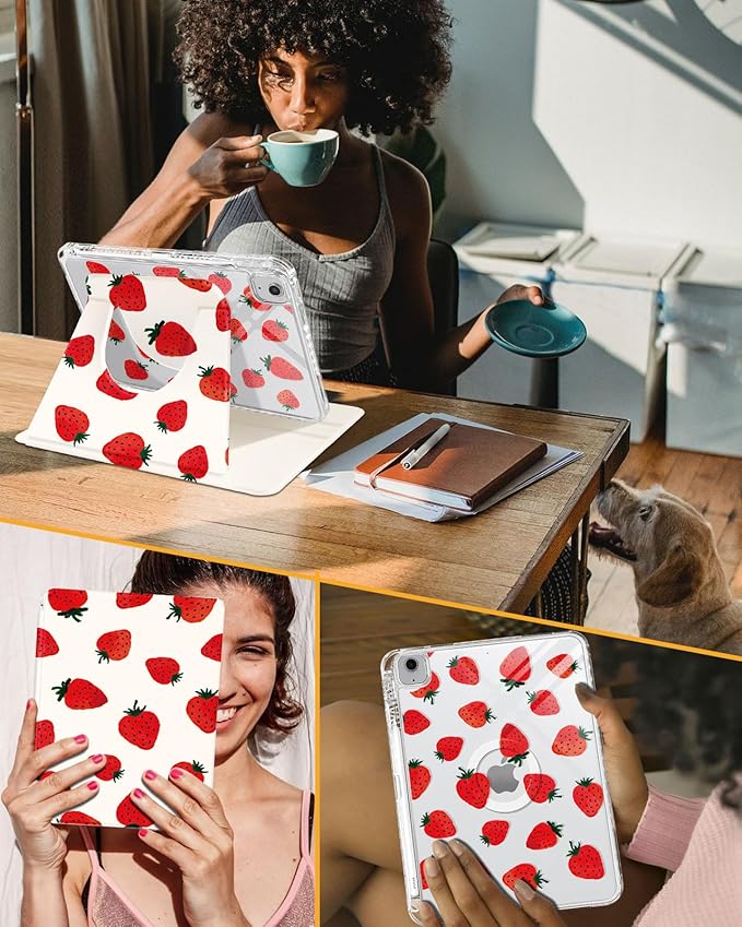 Shorogyt for iPad Air 11 Inch Case Air M4 2026, 8th Gen/M3 2025/M2/Air 5th Generation 2022/Air 4th Gen 2020/Pro 11 Inch Case Magnetic Stand for Women - Cute 360 Degree Rotating Cover Girl Strawberry