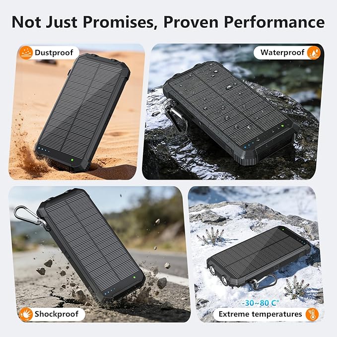 Solar Power Bank 20000mAh Wireless Portable Charger Built-in 3 Cables 15W USB-C Fast Charging Black Battery Pack Compatible with iPhone, Samsung, Emergency LED Flashlights Perfect for Camping, Hiking