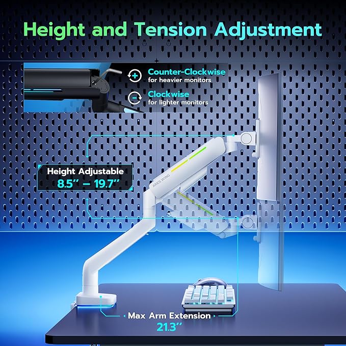 Ultrawide Monitor arm for 17-49'' Heavy Duty Screen up to 44lbs, Gas Spring Single Monitor Arm with RGB Light, Adjustable Gaming Computer Monitor Arm for Desk, White