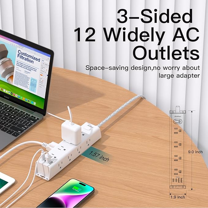 Surge Protector Power Strip - 15 FT Extension Cord, Power Strip with 12 Widely AC Outlet 4 USB, Flat Plug Wall Mount Overload Protection, 1050J, Desk Charging Station for Home Office, ETL Listed,White
