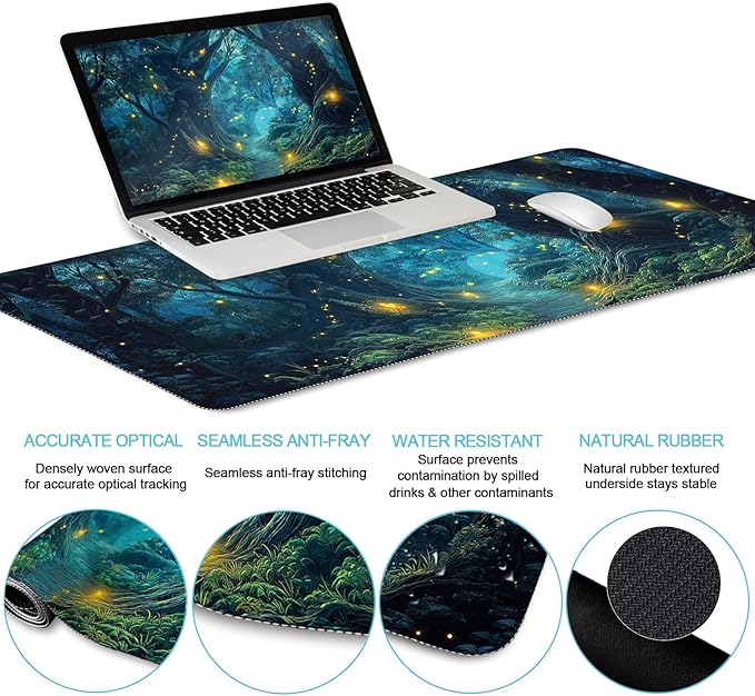 LIMKRIAN Ergonomic Mouse Pad Set Large Desk Matt for Desktop, Gaming Mouse Pad Wrist Rest Keyboard Mat Cup Coaster Set Cute Office Desk Decor Accessories for Women, Firefly Forest