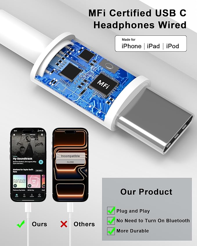 USB C Earbuds Wired for iPhone 17 16 15, Type C Headphones Earphones with Microphone & Remote Noise Cancelling Ear Buds Compatible for iPhone 17 16 15 Pro Max, iPad Pro, Galaxy S26 S25 S24, Pixel 9 8