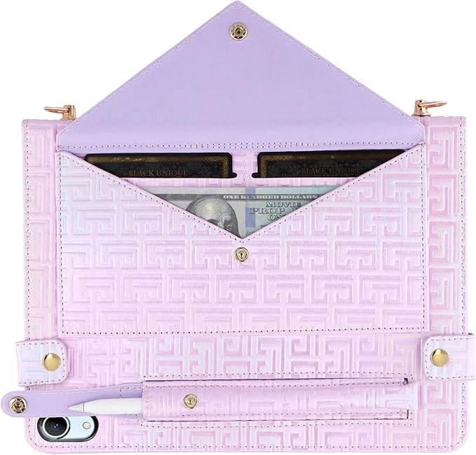 Shiny Case for iPad mini 7 2024/Mini 6th Gen Handbag Case, Techcircle Iridescent PU Leather Folio Envelope Pocket Stand Cover with Hand Strap+Shoulder Strap+Pencil Holder+Card Slots, Shiny Lilac