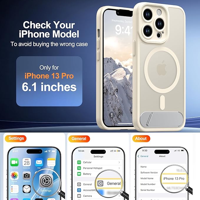Magnetic Compatible with iPhone 13 Pro Case, [Built-in Kickstand][Full Camera Protection][Compatible with MagSafe][Anti-Fingerprint] Shockproof Phone Case for iPhone 13 Pro 6.1",Beige