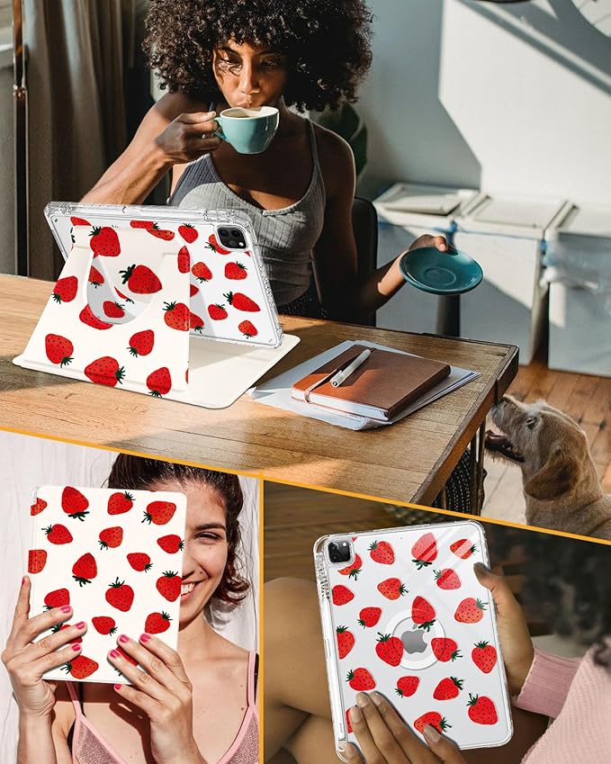 Shorogyt for iPad Air 13 Inch (M4) 2026/M3 2025 & M2 2024 /for i Pad Pro 12.9 inch (3/4/5/6th Gen) for Magnetic Stand for Women - Cute Design 360 Rotating Covers Girls with Pencil Holder, Strawberry