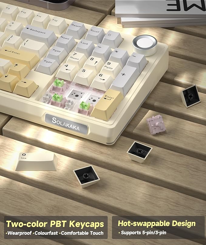 SOLAKAKA KI99 Pro 96% Wireless Gaming Keyboard, RGB Creamy Keyboardw with Knob, Hot-Swappable Pre-Lubed Switches, Gasket Structure Mechanical Keyboards (Beige-White, Non-Silent Version)