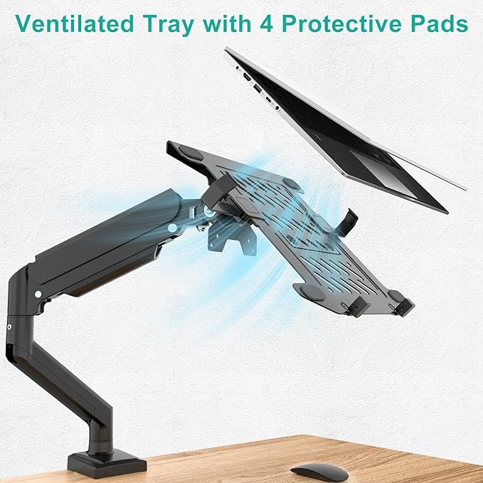 WALI Single Arm Laptop and Monitor Desk Mount for 17" Notebook and Up to 32" Screen, 2-in-1 Adjustable Monitor Arm with Laptop Tray, VESA 75x75 100x100,Holds 22-26.4 lbs, Black (GSMP001NLP)