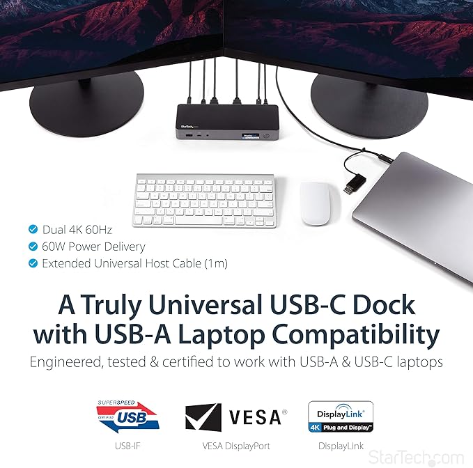 StarTech.com USB-C / USB-A Hybrid Docking Station for MacBook Pro / Air M1 M2 M3 M4 & Windows, Universal Dual 4K 60Hz HDMI DP Dock, Thunderbolt Compatible, 60W Laptop Charging