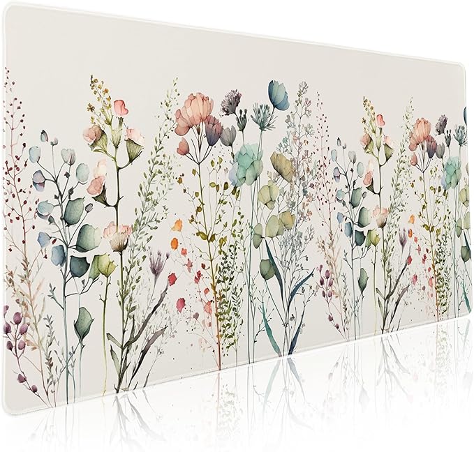 Cute Wild Flowers Mouse Pad XXL Boho Aesthetic Floral Chic Plant Extended Table Mat 90X40 cm Non-Slip Rubber Base Stitched Edge Large Mousepad for Gaming Laptop Computer Desk Top 35.4×15.7 Inch