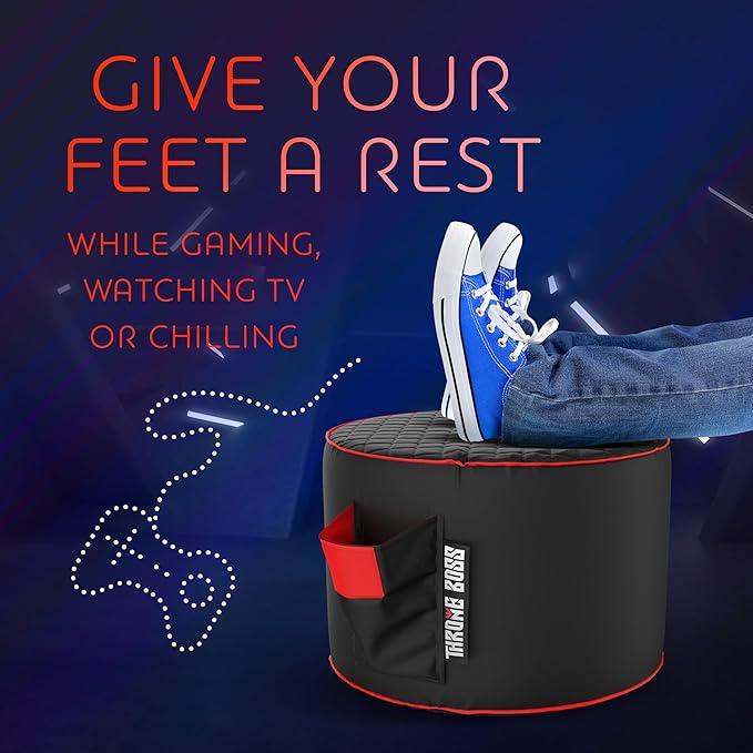 Throne Boss Gaming Footstool - Cover ONLY No Filling - Matching Bean Bag Chair Pouf/Ottoman - Round Gamer Foot Stool Footrest with Drink Holder (Red)