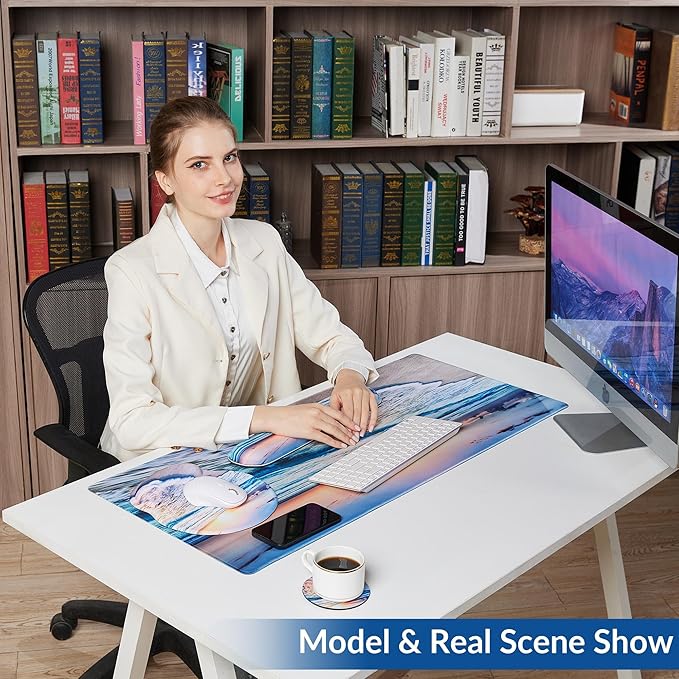 Desk Mat Set + Keyboard and Mouse Pad with Wrist Rest Support,4-in-1 Large Mousepad Computer Mats for Desktop Home & Office-Night Moon