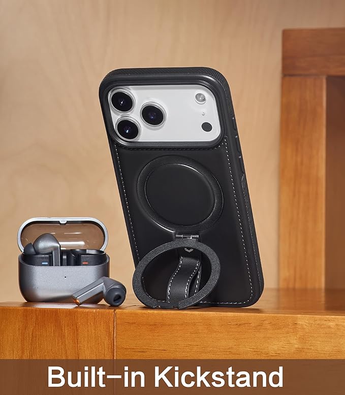 Butaiga for iPhone 17 Pro Leather Case with Stand, Anti-Slip Grip Ring, Fits for MagSafe (Black, iPhone 17 Pro)