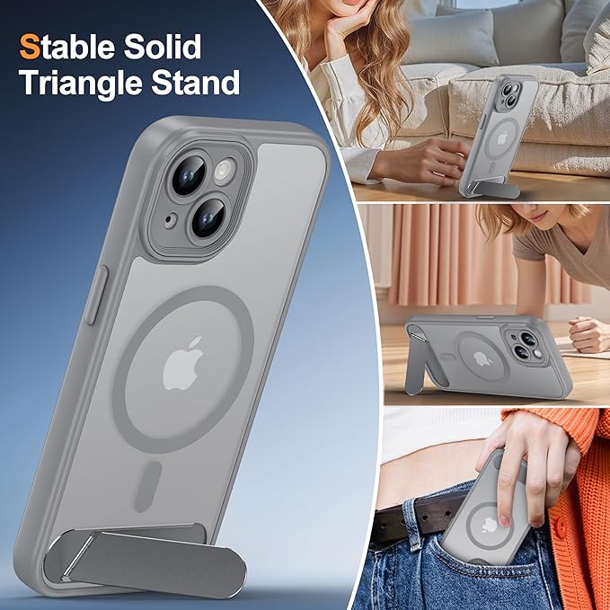 Magnetic Compatible with iPhone 15 Case, [Built-in Invisible Kickstand][Compatible with MagSafe][Full Camera Protection] Translucent Matte Phone Case for iPhone 15 6.1" Gray