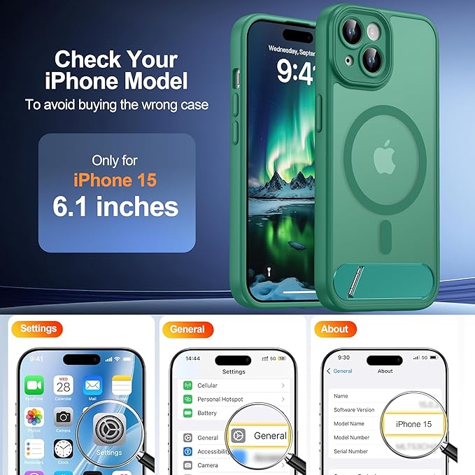 Magnetic Compatible with iPhone 15 Case, [Built-in Invisible Kickstand][Compatible with MagSafe][Full Camera Protection] Translucent Matte Phone Case for iPhone 15 6.1" Cyan