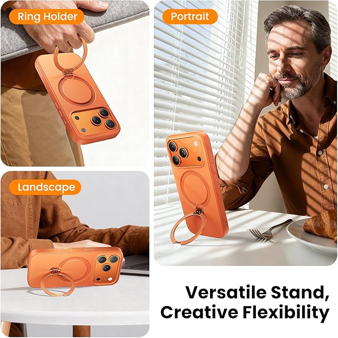 360°Ring Stand for iPhone 17 Pro Max Case, Compatible with MagSafe, Military-Grade Protective,Anti-Yellowing, Scratch-Resistant Back Cover Phone Case for iPhone 17 Pro Max 6.9", Orange