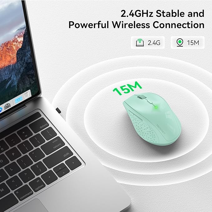 TECKNET Wireless Mouse, 2.4G USB Computer Mouse with 6-Level Adjustable 4800 DPI, 30 Months Battery, Ergonomic Grips, 6 Buttons Portable for PC, Chromebook, Mac - Green