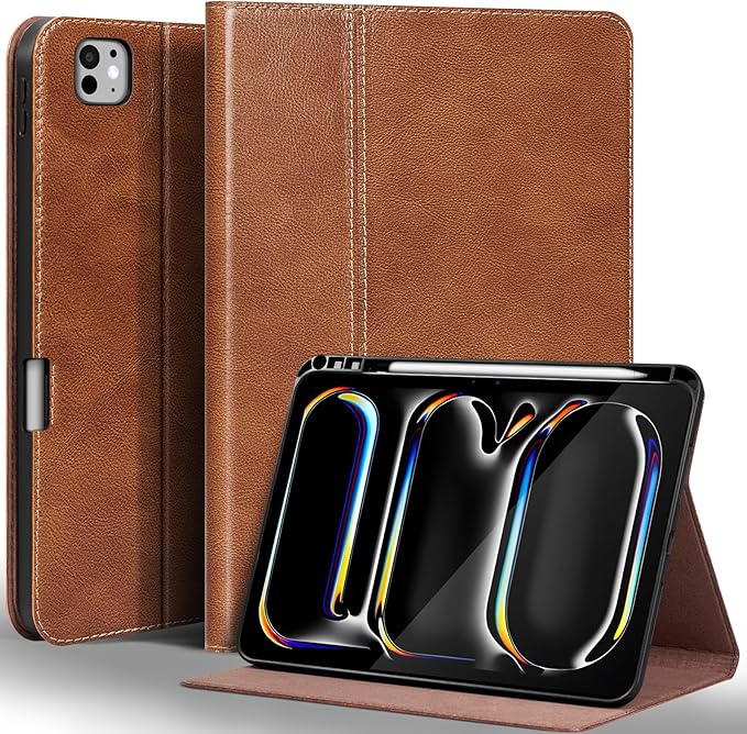 Gexmil Genuine Leather Case for iPad Pro 13 Inch (M5/M4) 2025/2024 with Pencil Holder,Protective Shockproof Smart Leather Folio Cover Adjustable Stand Auto Sleep/Wake,Vegetable Tanned Brown