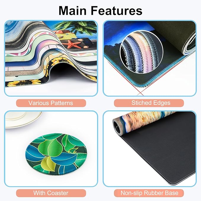 Large Gaming Mouse Pad with Coaster, Desk Matt for Desktop, Desk Pad, Mouse Pads Mat, Stitched Edges Big Extended Mousepad for Computer Keyboard Laptop Office Decor, 31.5'' x15.6''-Leaves 2