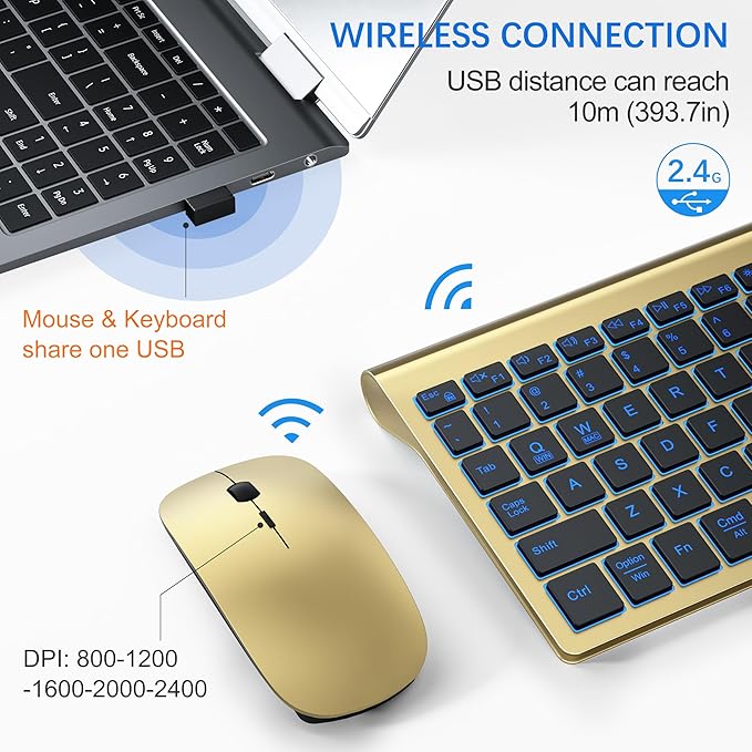 TopMate Wireless Keyboard and Mouse Ultra Slim Combo, 2.4G Silent Compact USB 2400DPI Mouse and Scissor Switch Backlit Keyboard Set, for PC/Laptop/Windows/Mac/Gaming - Gold Black