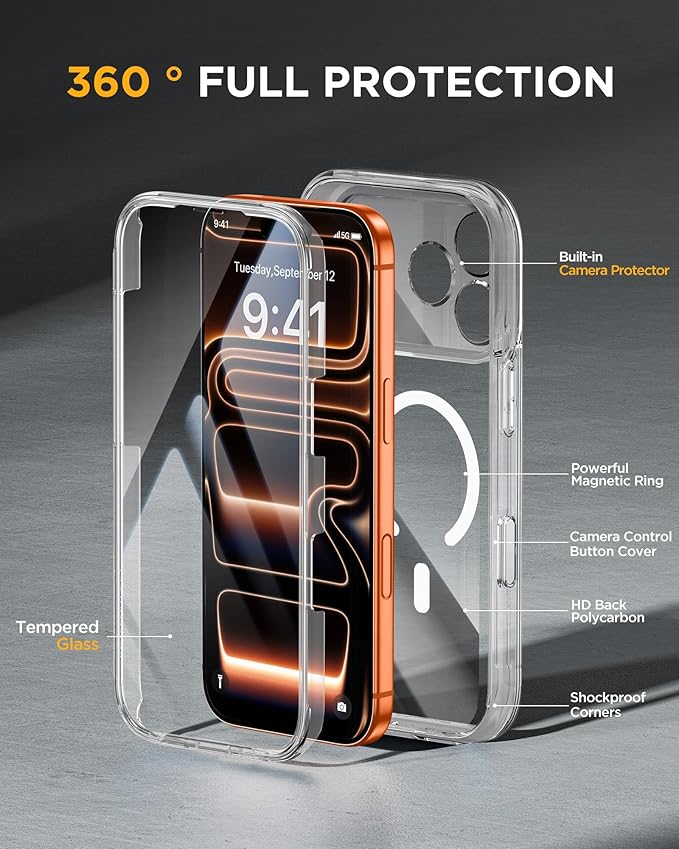 Miracase Magnetic for iPhone 17 Pro Case 6.3" [Compatible with MagSafe] Full-Body Phone Case with Built-in Glass Screen Protector & Camera Control,Drop Proof iPhone 17 Pro Cover, Clear