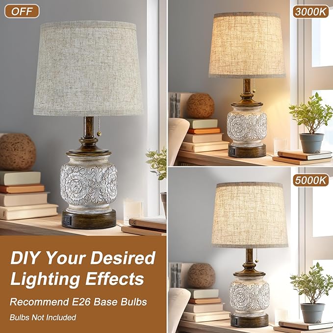 19.5" Farmhouse Bedside Table Lamps Set of 2 Rustic Lamps for Nightstand Bedroom with USB Ports Vintage Traditional White Carved Floral Night Light Lamps for Living Room End Tables Decor