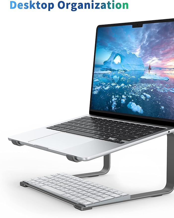 SOUNDANCE Laptop Stand for Desk, Ergonomic Metal Computer Riser for 12-17.3 Inch Laptops, Heavy Duty Stable Desktop Holder, Improves Eye Level & Workspace Organization, Grey