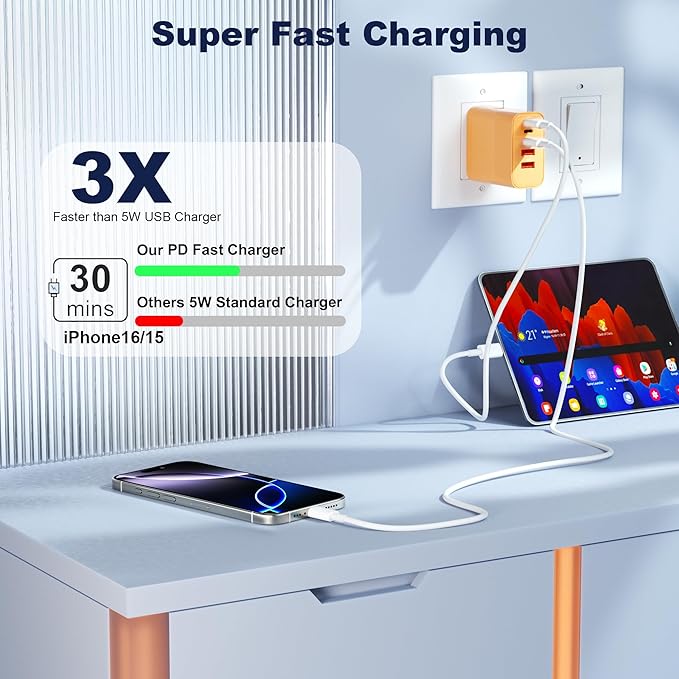 USB C Charger Block, 60W 5 in 1 Charging Blocks, PD 3.0 Fast Charger, QC 2A Yellow Wall Plug Multiport Type C Charging Block for iPhone 17 16 15 14 13 12 Pro Max, iPad, iPod, Samsung, AirPods Pro