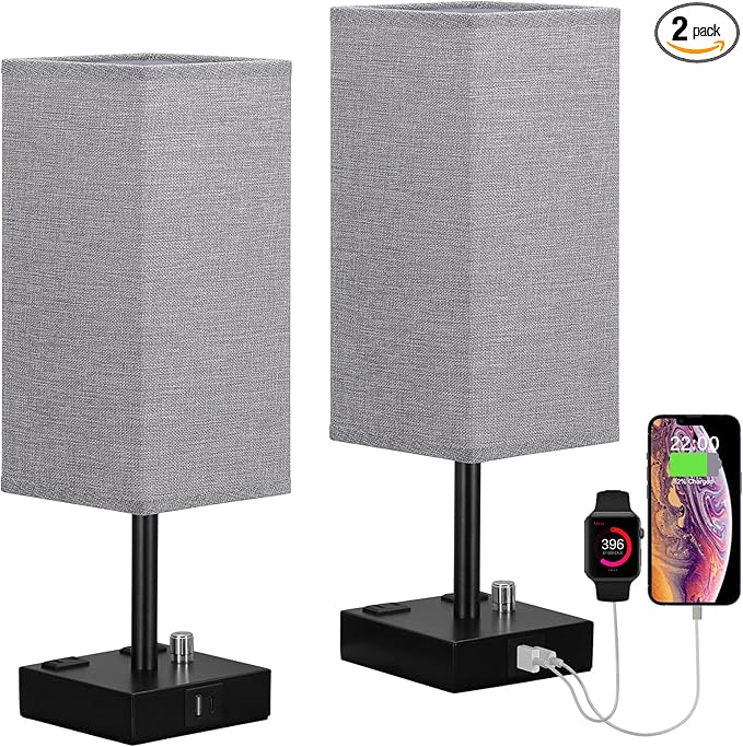 aooshine Gray Fully Dimmable Nightstand Lamps Set of 2 - Table Bedside Lamp with USB C+A Charging Ports & 2 AC Outlets, Square Lamp Sets Linen Fabric Shade for Bedroom Living Room(Bulb Included)