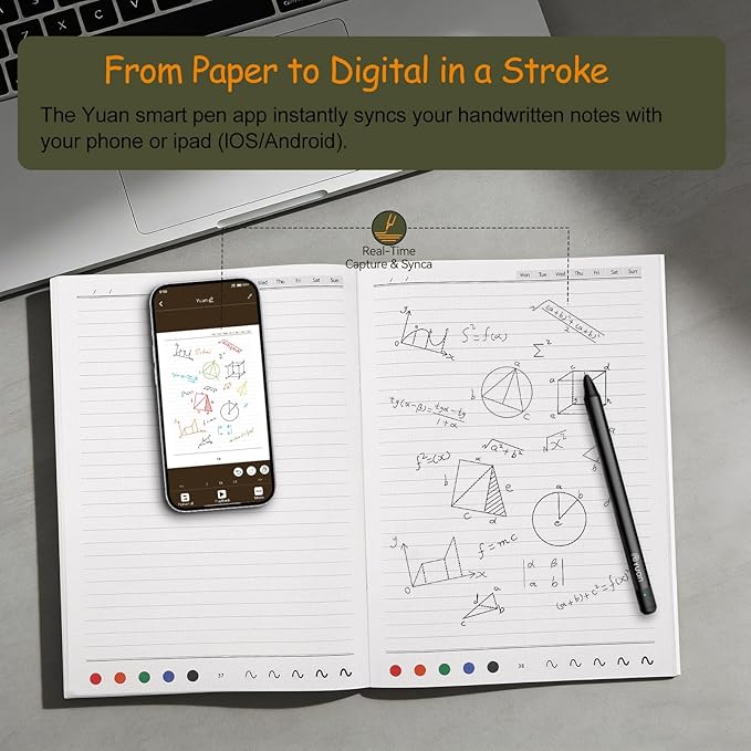 Yuan Sync Smart Pen and Digital Notebook Set (3-Pack A4) for Note Taking, Enables Offline Storage, Note Sharing, Sync Handwriting to Phone/Ipad, Gift for Adults Students Teachers Coworkers (Men/Women)