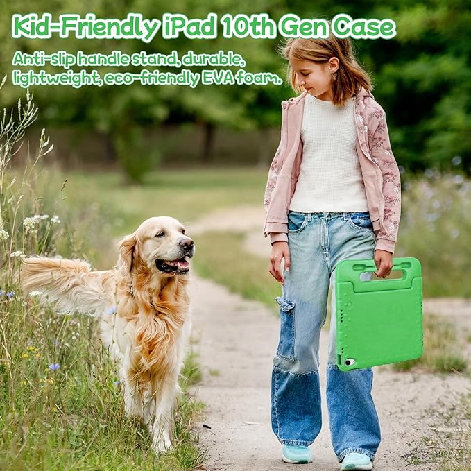 Kids Case for iPad A16 11th (2025)/iPad 10th Gen (2022) with Pencil Holder & Handle Stand, Super Protection EVA Toddler-Friendly Cover for iPad 11"(A16)/10th Generation 10.9"-Green