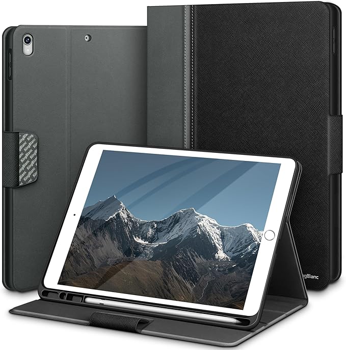 KingBlanc Case for iPad Air (3rd Generation) 10.5" 2019 / iPad Pro 10.5 inch 2017 Case with Apple Pencil Holder, Vegan Leather Smart Cover, Auto Sleep/Wake, Multi-Angle Folding Stand, Black × Gray