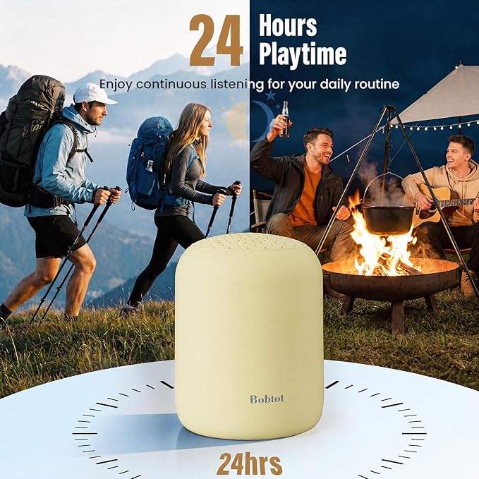 Bobtot Portable Bluetooth Speakers Wireless, Waterproof Shower Speaker with 24H Playtime, Loud Stereo Sound, TWS, Built-in Microphone, Small Size with Carry Lanyard, Yellow