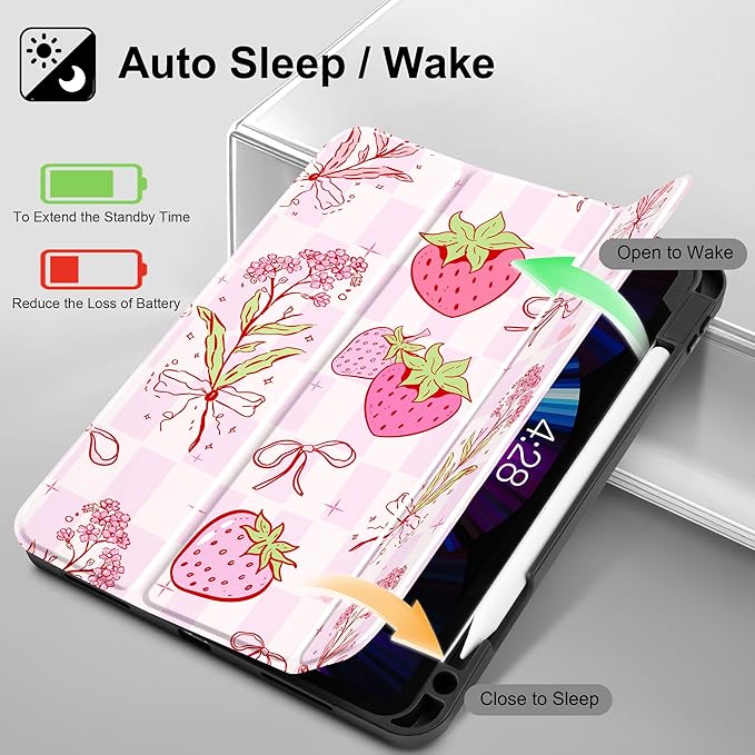 May Chen Case for iPad Pro 11 inch (4th, 3rd, 2nd & 1st Gen) 2022 2021 2020 2018,Trifold Stand with Auto Wake/Sleep Soft TPU Protective Stand Back Cover, Strawberry Bow