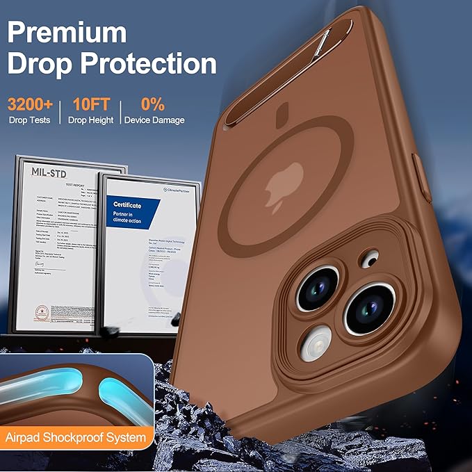 Magnetic Compatible with iPhone 15 Plus Case, [Built-in Kickstand][Full Camera Protection][Compatible with MagSafe][Anti-Fingerprint] Shockproof Phone Case for iPhone 15 Plus 6.7",Brown