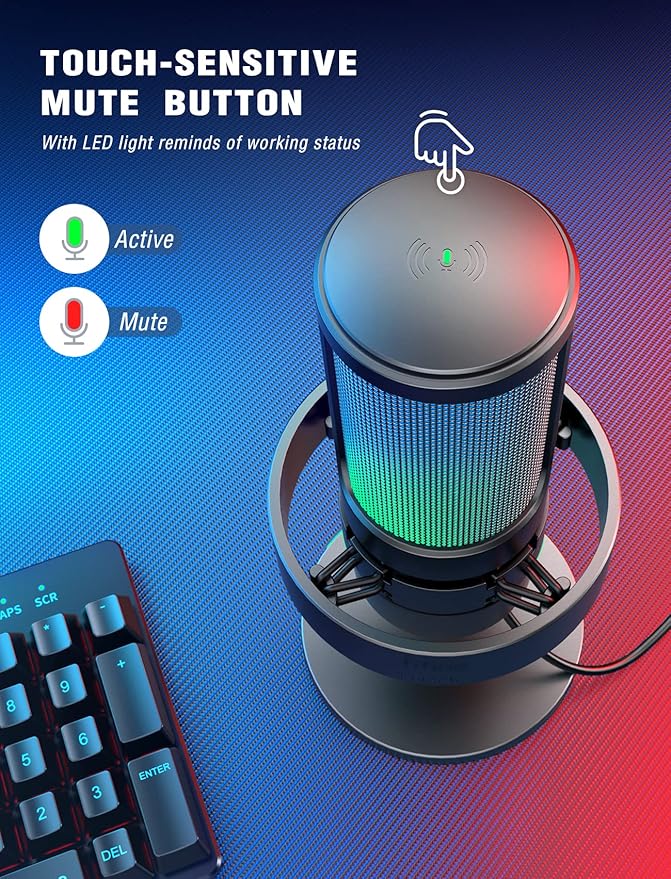FIFINE Gaming Microphone, USB PC Mic for Streaming, Podcasts, Recording, Condenser Computer Desktop Mic on Mac, with RGB Control, Mute Touch, Headphone Jack, Pop Filter, Stand-AmpliGame A8