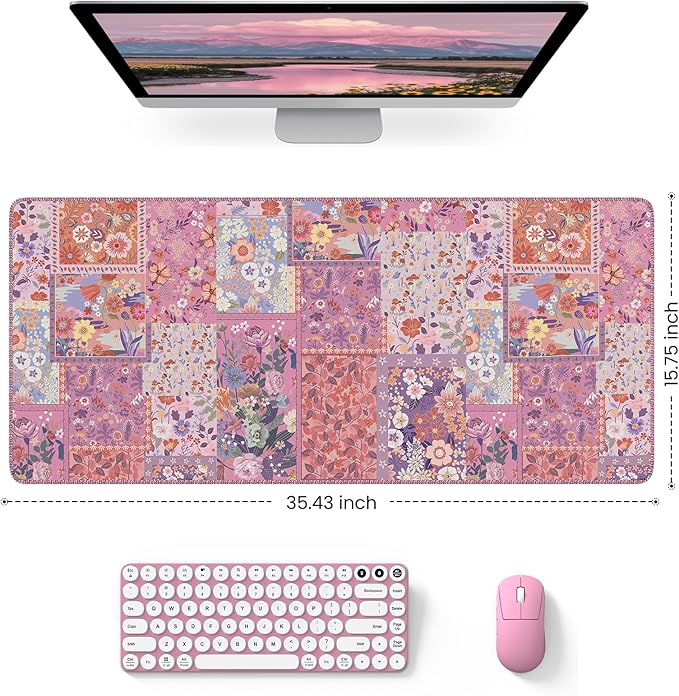HAOCOO Rose Desk Cover Mat, Cute Floral Keyboard Mat with Stitched Edges, Pink Non-Slip Table Mat Desk Protector for Home Decor, 35.4“ x 15.7" Waterproof Mouse Pad for Office