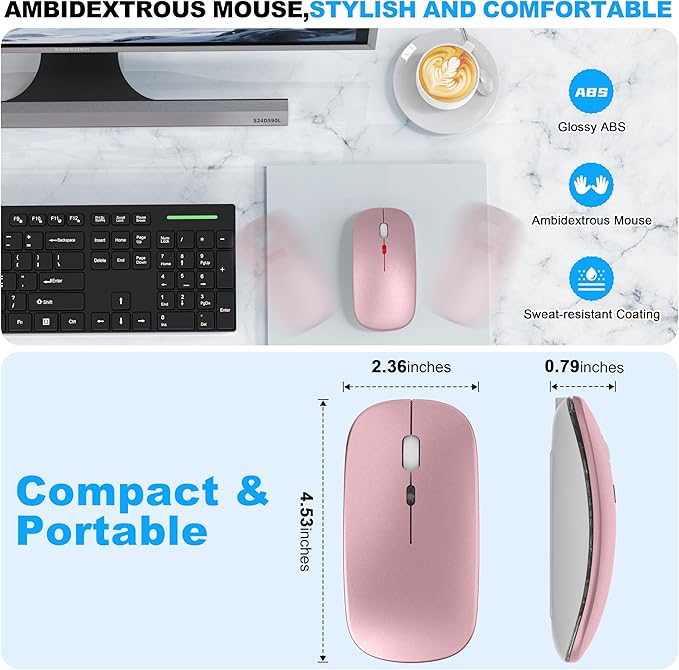 LED Bluetooth Wireless Mouse for MacBook Air Mac Pro Laptop iPad –Rechargeable Silent Light-Up Optical Mouse with Jiggler Dual Mode BT5.2 & USB-A/USB-C for Students, Kids, Girls, Boys – Rose Gold