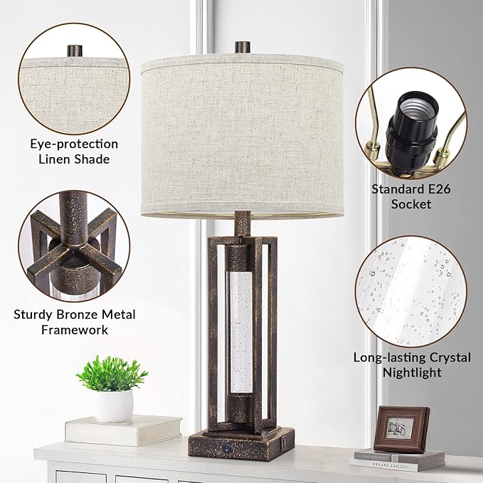 TOBUSA 26’’ Vintage Table Lamps for Living Room Set of 2, Rustic Lamps for Bedroom with 2 USB Ports and Crystal Night Light, Farmhouse Bedside Lamps with Linen Shade for Night Stands End Table, Bronze