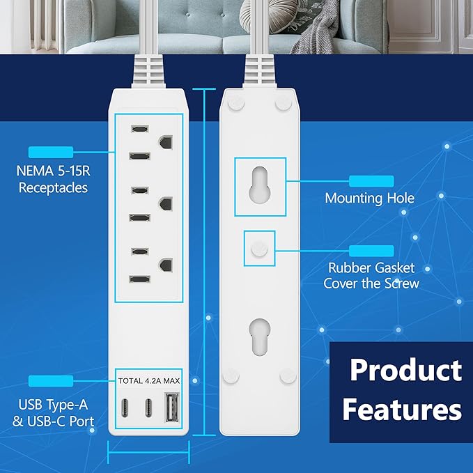 LIDER Outlet Extender with 3 Receptacles, 21W USB Type-A, and 2 USB Type-C, USB Port, Ultra-Thin Wall Plate Plug with Cord Extender, 3-Outlet Power Strip, Flat-Face, ETL-Listed, 8ft Cord, White