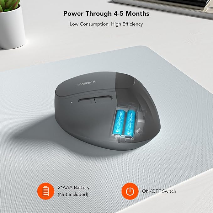 KYSONA EM18 Wireless Ergonomic Vertical Mouse, Ergo Design, Bluetooth Cordless Mouse for Medium/Large Hands, Silent Click, 5-Level Adjustable DPI, Carpal Tunnel Mice for Computer/PC/Mac/Laptop, Black