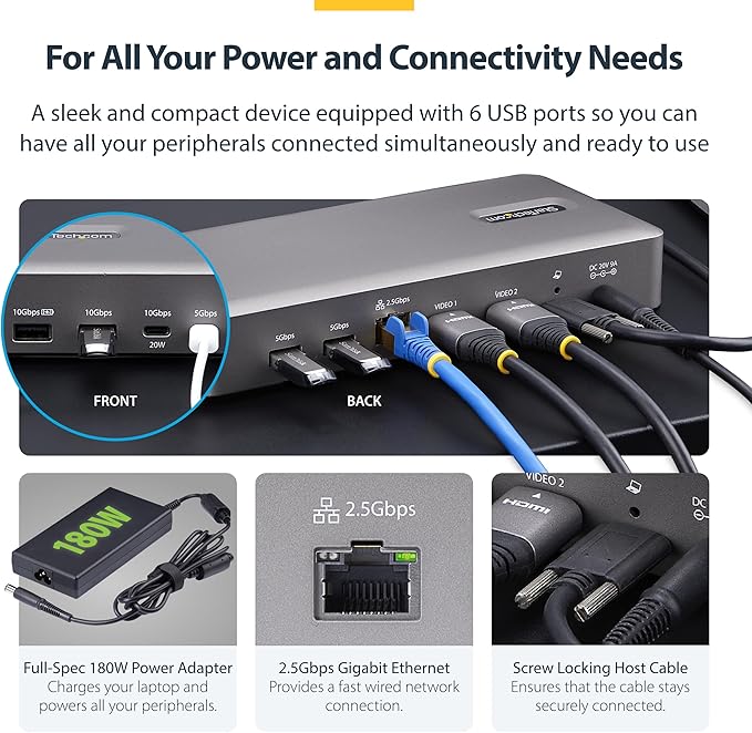 StarTech.com USB-C Docking Station (10-in-1, USB4), Up to 100W Charging for Laptop, 40Gbps Data Transfer, 2.5Gb Ethernet, Single 8K, Dual 4K Display, 6X USB (Not MacOS Compatible)