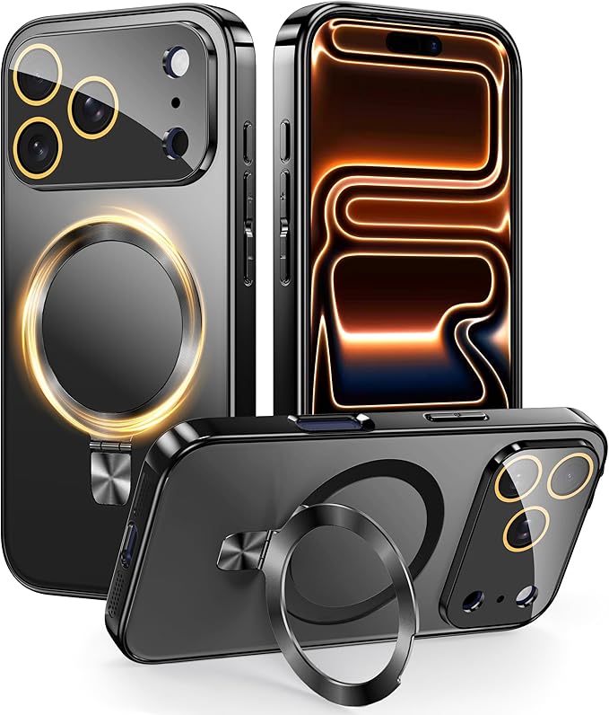 TOBOVON Magnetic for iPhone 17 Pro Case with Ring Stand, Fits MagSafe, with Built-in Camera Cover, Slim Electroplated Shockproof Phone Case, Black