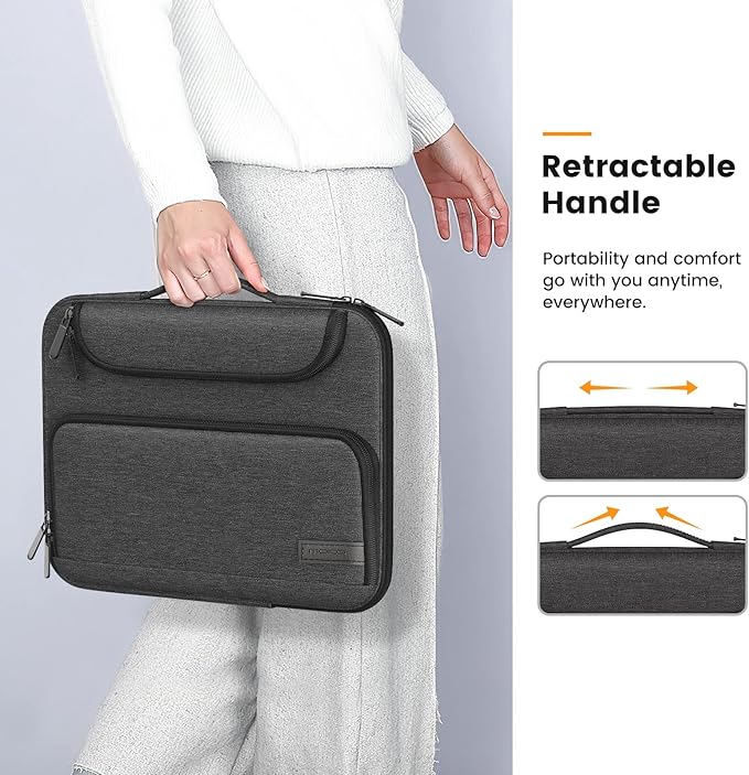 MoKo 13-14 Inch Laptop Sleeve Bag Fits New 13-inch Mac Air M5 & Mac Neo A18 Pro, 14" MacPro M5/M4/M3/M2/M1, 13" Mac Air, Polyester Bag with Double Pockets, Retractable Handle, Black & Gray