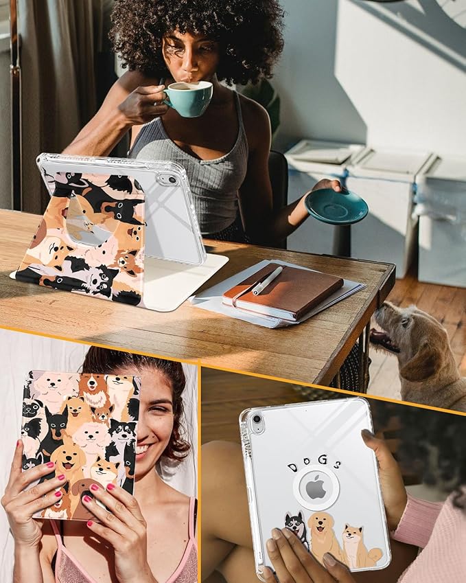 Shorogyt for iPad A16 11th Generation 11 inch 2025 /for i Pad 10th Generation case Magnetic Stand for Women - Cute Design 360 Degree Rotating Covers Girls Kids with Pencil Holder,Dogs