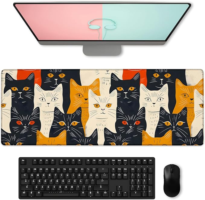 Artistic Cat Gaming Mouse Pad, Large Bold and Colorful Kitten Desk Mat for Laptop Keyboard Computer, Non-Slip Rubber Base Desktop Extended Mousepad for Office Home Accessories 31.5"×11.8"