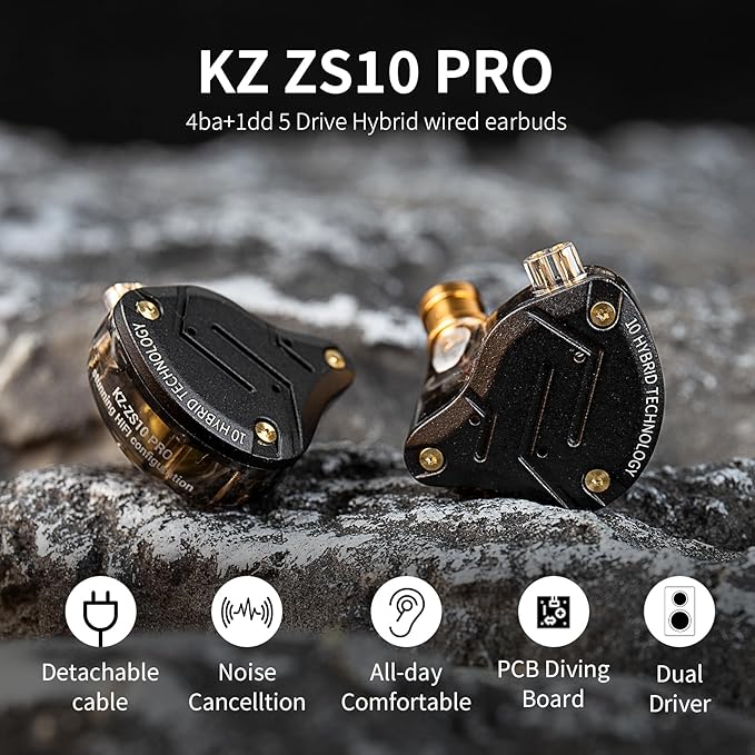 KZ ZS10 Pro Gaming Earbuds, 4BA 1DD Gaming Wired Earbuds with Mic, IEM Headphone Multi Driver HiFi Monitor Headphones, KZ in Ear Earphoner with 2PIN IEM Cable, All in One Button (Black with Mic)