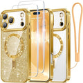 Meifigno Designed for iPhone 17 Pro Max Case 6.9", [Glitter Card & Wrist Strap] [Compatible with MagSafe] [2X HD Screen Protectors] Surround Raised Lens Protection for 17 ProMax Phone Case, Gold