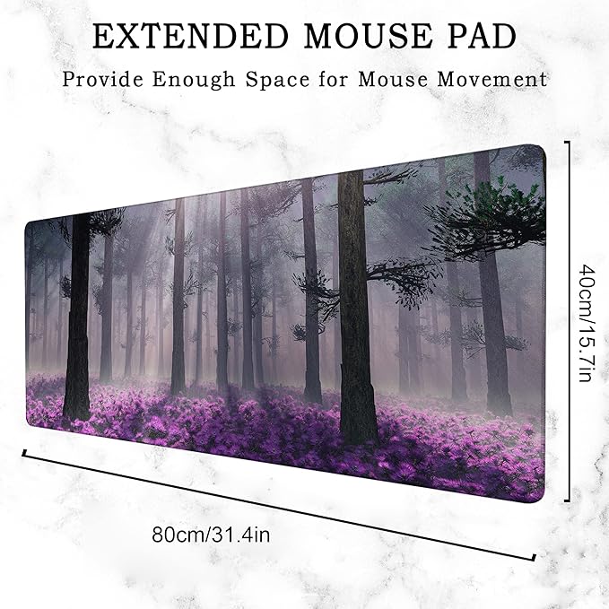 Gaming Desk Mat Large, Purple Misty Forest Extended Mousepad,Non-Slip Rubber Mouse Pad Stitched Edges,Desktop Decorative Accessories for Home Office 31.5" x 15.7"